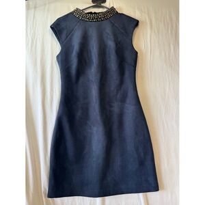 Vince Camuto Faux Suede Embellished Neck Sleeveless Shift Dress Studded Mini
